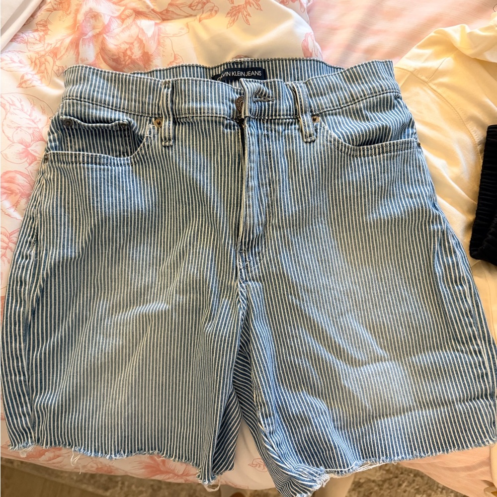 Calvin Klein high rise striped denim shorts